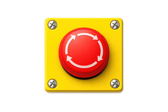 Red emergency stop button with circular arrows on a yellow industrial panel