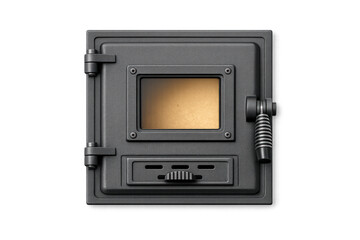 Obraz premium Close-up of a vintage cast iron wood stove door with a glass window and handle