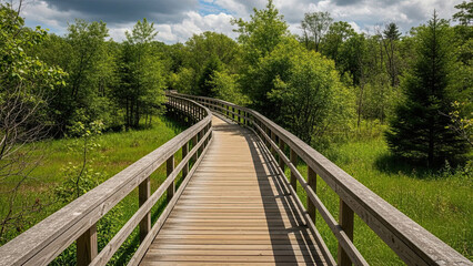 A serene wooden boardwalk winding through a lush forest landscape viewed from a gentle slope.