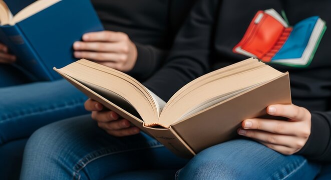 Capturing the peaceful and focused activity of reading, illustrating the joy of literature, shared learning, and personal enrichment through books