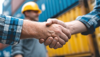 Two workers shaking hands in a construction site.