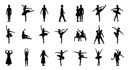 Collection of black silhouette icons featuring various ballet dance poses and movements on white background