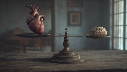 A heart and a brain are balanced on a scale.