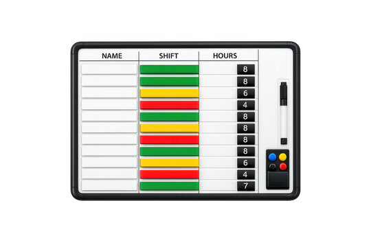 Work schedule whiteboard with colorful shift indicators and marker for employee planning