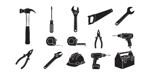 Obraz premium Black silhouette vector illustration set of construction tools, repair equipment icons featuring drill, saw, hammer, shovel, and paintbrush on white background,