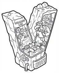 Cartoon Vulture Scientist in a Volcano Lab shaped like the Letter V, Roasting Vegetables. Funny Alphabet Coloring Page Illustration.