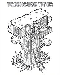 Cute Tiger in a Treehouse Coloring Page for Kids. Fun Black and White Line Art Illustration for Children's Activity Book.