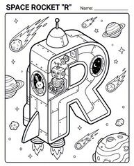 Letter R Space Rocket Coloring Page. Educational Alphabet Activity for Kids with Robot and Planets. Fun ABC Learning Illustration.