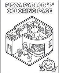Halloween Pizza Parlor Coloring Page with Penguin Chef for Kids - Alphabet Letter P Learning Activity