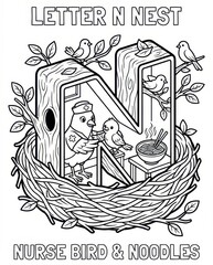 Learn the Alphabet Letter N Coloring Page: Cute Nurse Bird in a Nest with Noodles. Educational Activity for Kids and Preschoolers.