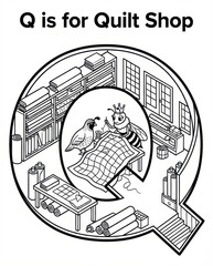 Charming Alphabet Coloring Page: Letter Q for Quilt Shop with Queen Bee and Quail Sewing