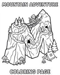 Mountain Adventure Letter M Coloring Page for Kids - Fun Outdoor Camping and Hiking Scene with Monkey
