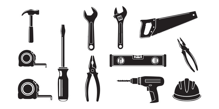 Black silhouette vector illustration set of construction tools, repair equipment icons featuring drill, saw, hammer, shovel, and paintbrush on white background,
