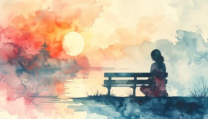 Watercolor sunset scene. Person on bench watches the sun over a pagoda