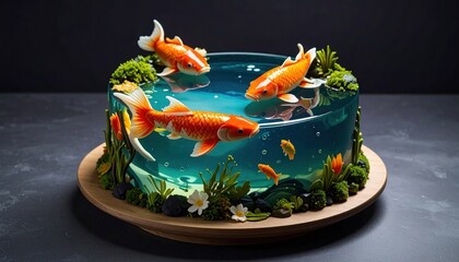 Cake with edible koi fish swimming in a gelatinous water scene