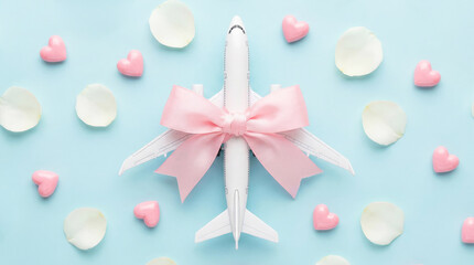 Airplane model adorned with a pink ribbon and surrounded by pink hearts and white rose petals on a light blue background for travel-themed celebrations