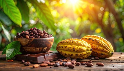 Cacao beans & pods with sunlight & chocolate on a wooden surface