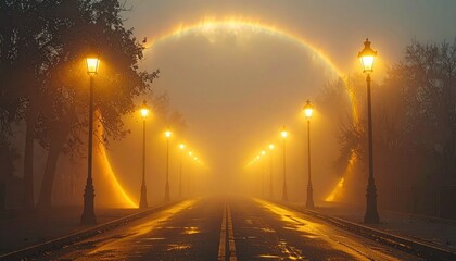Lit pathway vanishing in mist, halo above. Evening ambiance with streetlamps