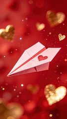 Pink paper airplane with heart-shaped decoration flying against a vibrant red background filled with golden heart-shaped bokeh lights