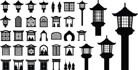 asian, japan, japanese, china, chinese, lantern, pagoda, temple, shrine, gate, torii, architecture, building, culture, traditional, silhouette, black, icon, vector, design © Maisa