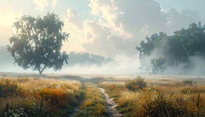 A path winds through a misty meadow, trees in the distance