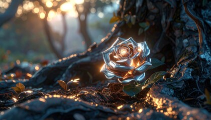 Glimmering metallic rose blooms beneath a sun-dappled forest