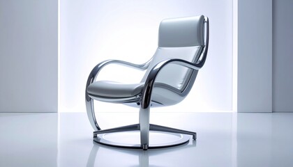 Sleek, modern chair with curved metal frame in a minimalist white space