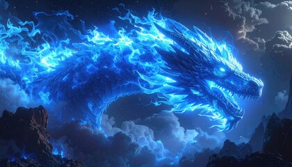 Majestic, ethereal dragon composed of brilliant blue flames soaring across a cloudy sky