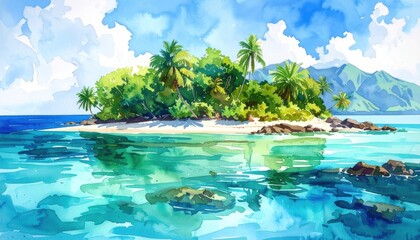 Watercolor island scene with lush greenery, beach, and tropical sea