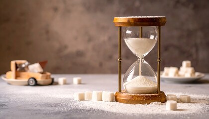 Hourglass with flowing grains, cubes, and toy car on a dusty surface