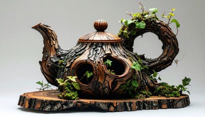 Whimsical wood teapot with organic shapes, greenery, and moss