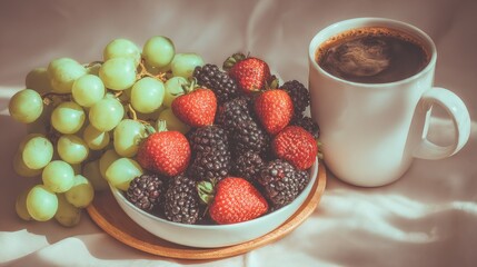 Freshly brewed coffee accompanies a bowl overflowing with ripe berries and green grapes.