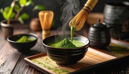 Preparing matcha tea whisking in a traditional bowl with steam rising