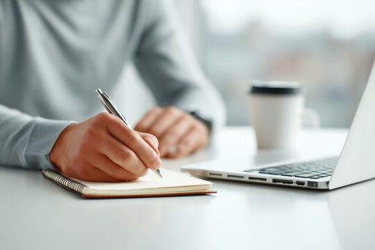 professional writing notes while planning work at desk,
notebook and laptop on the office desk with a cup of coffee,
natural light, focused and productive mood,
medium shot, business lifestyle