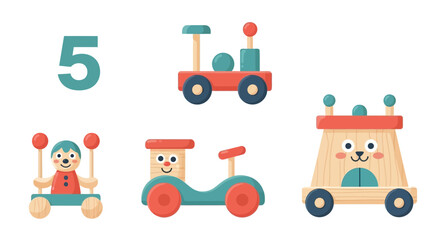 Colorful Wooden Toys and Number 5 Isolated on White