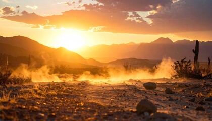 Desert sunset casts golden light on dusty road, mountains in the distance