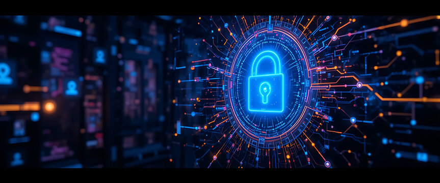 Cybersecurity protection dark technological and cool mode, neon blue and gold lighting