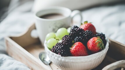 Fresh summer berries and grapes served with a hot beverage on a wooden tray resting on soft linens