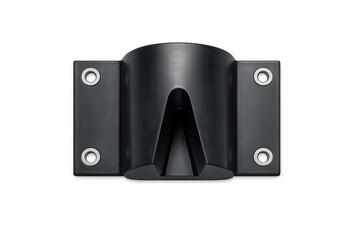 Obraz premium Black plastic pipe clamp with metal eyelets for secure mounting on a dark background