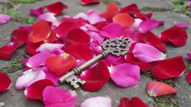 Ornate antique key resting on scattered red and pink rose petals outdoors