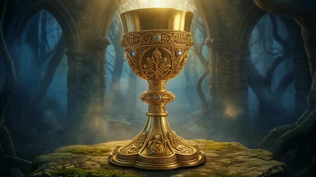 Golden ornate chalice glowing with mystical light in ancient forest ruins magical fantasy cup
