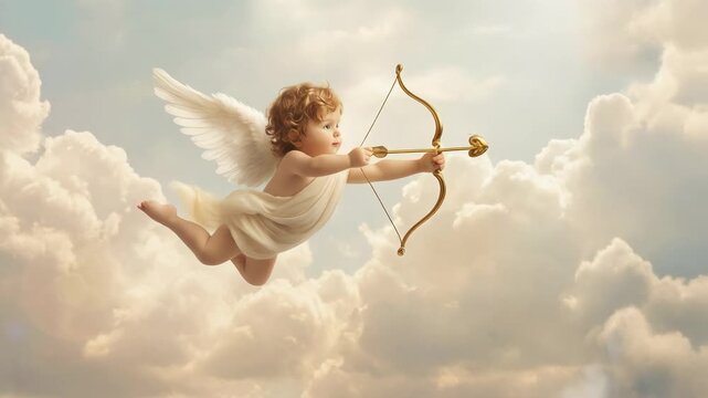 Cute cherub angel flying with golden bow and arrow in heavenly cloudy sky background