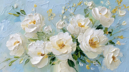 Fototapeta premium Flowers in a vase with white blooms and yellow centers arranged against a light blue background in a bright setting, wall art poster