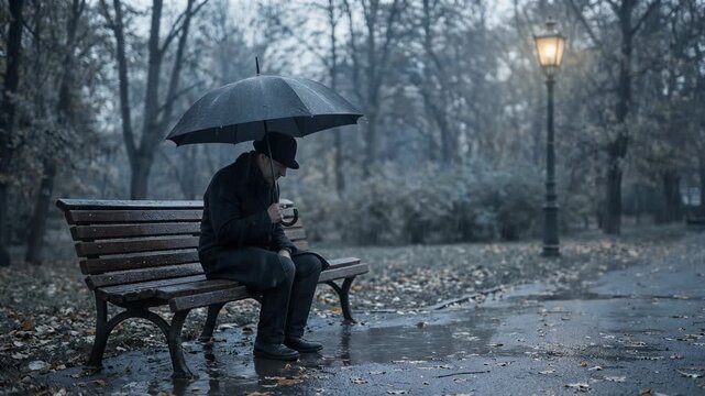 Lonely man sitting on park bench in rainy weather under umbrella holding cup in gloomy autumn park