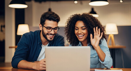 Young couple having a video call on laptop together at home