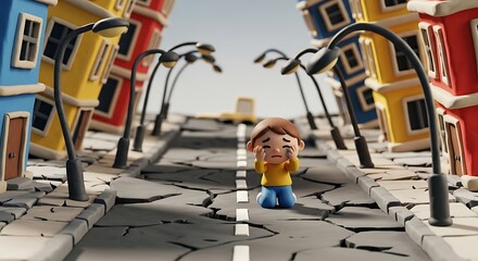 Obraz premium A lone, small figure grieves amidst a city devastated by a natural disaster, depicting the profound sadness and destruction after an earthquake