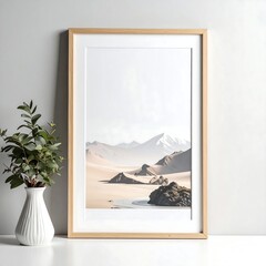 Minimalist Mountain Landscape Art Print in Wooden Frame.