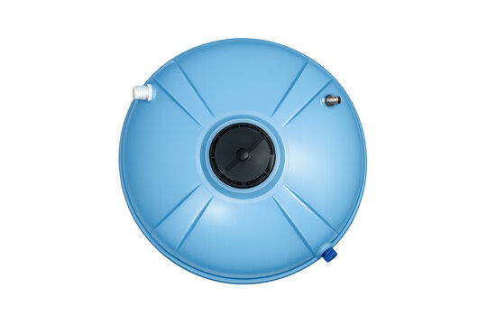 Top view of a blue plastic water tank with threaded fittings and a central cap