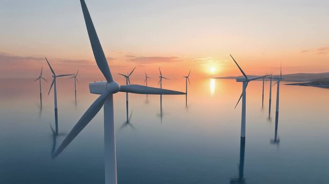 Offshore wind turbines generating renewable energy at sunset over calm sea water