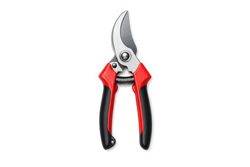 Professional garden pruning shears with red handles and sharp steel blades isolated on black